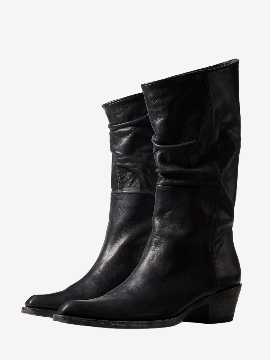 brown pointed toe ruched mid calf boots — view 2