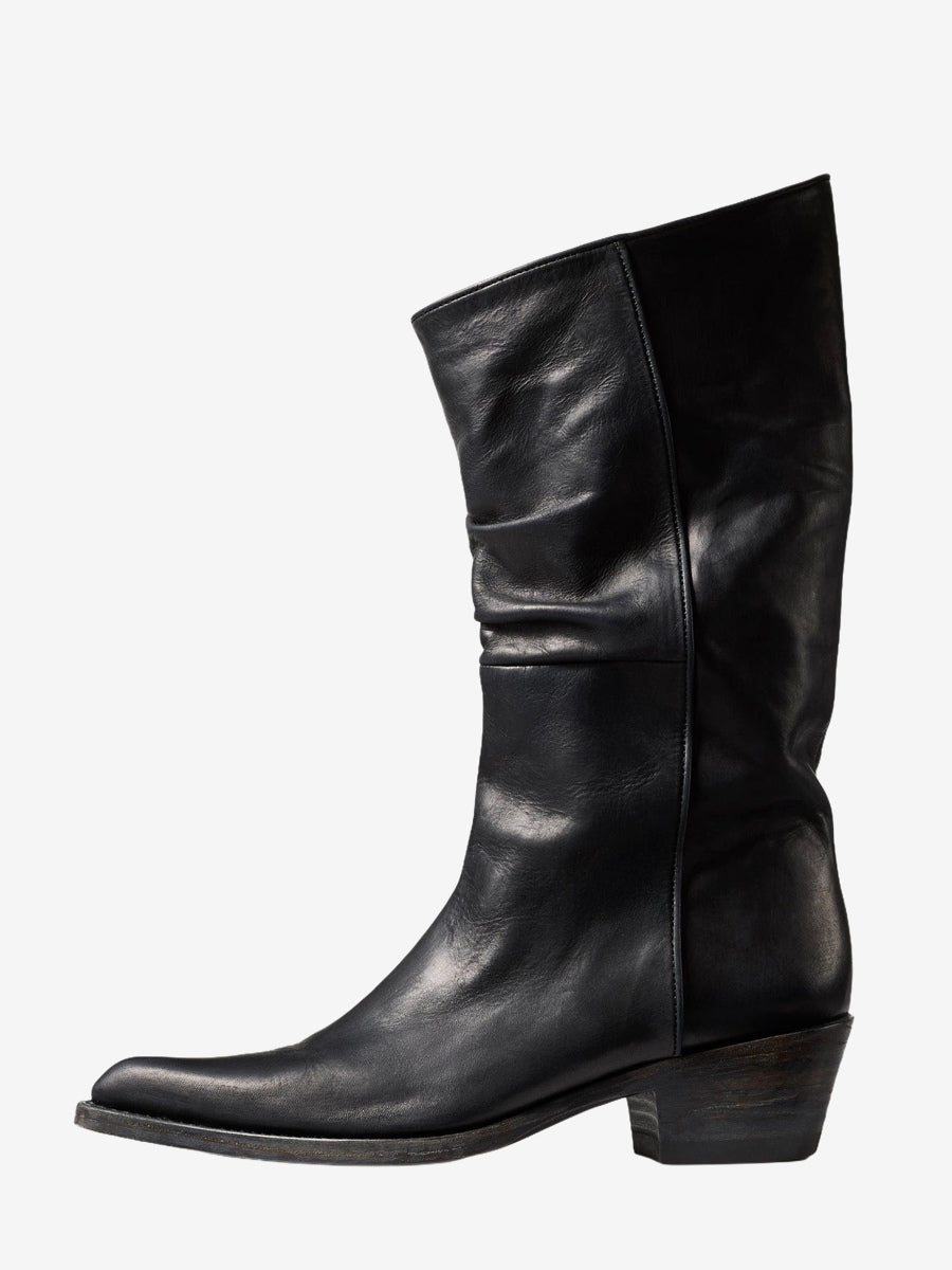 brown pointed toe ruched mid calf boots — view 3