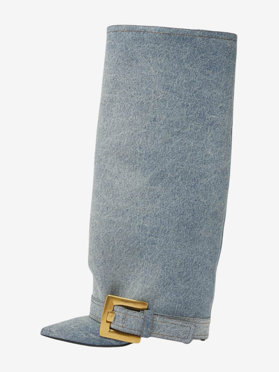 sky blue pointed toe buckle knee high boots — view 9