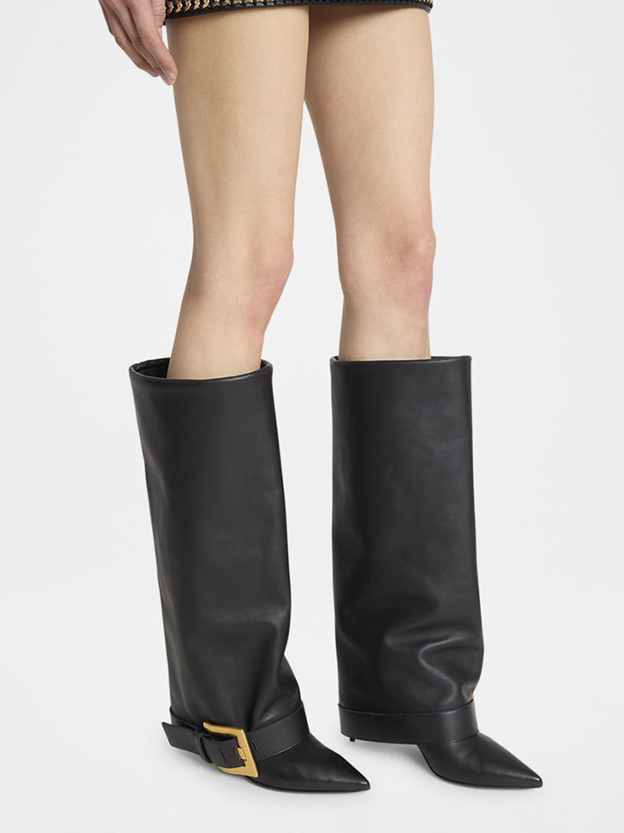 sky blue pointed toe buckle knee high boots — view 3