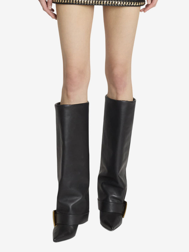 sky blue pointed toe buckle knee high boots — view 2