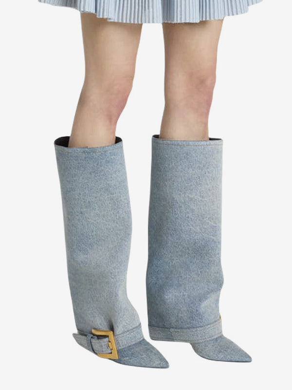 sky blue pointed toe buckle knee high boots — view 7