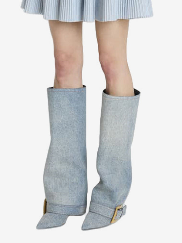 sky blue pointed toe buckle knee high boots — view 8