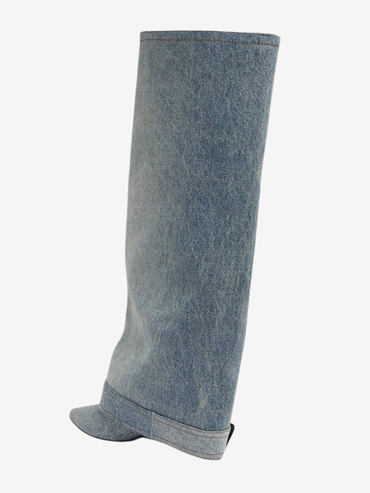 sky blue pointed toe buckle knee high boots — view 10