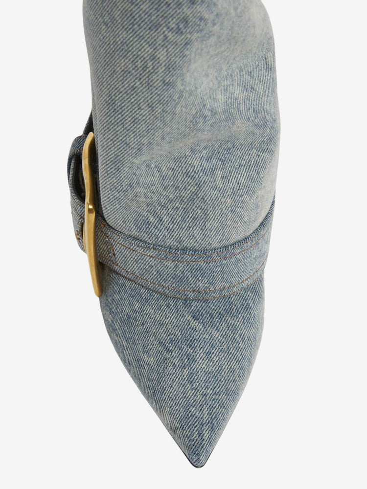 sky blue pointed toe buckle knee high boots — view 11