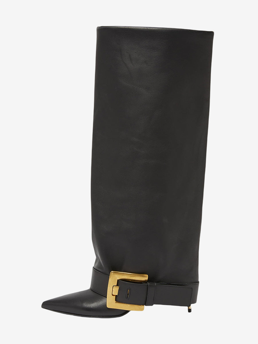 Sky Blue Pointed-Toe Buckle Knee-High Boots — view 1