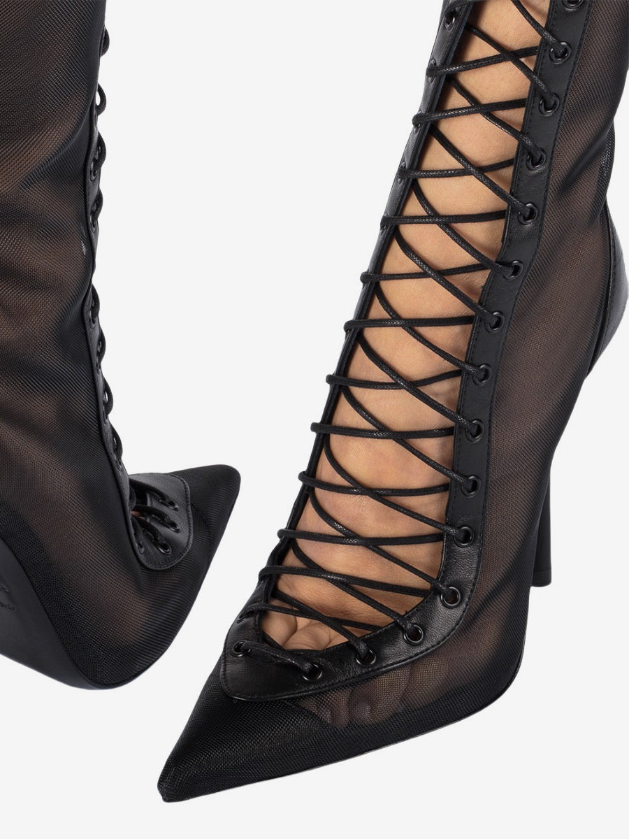 red pointed toe lace up cut out knee high boots — view 6