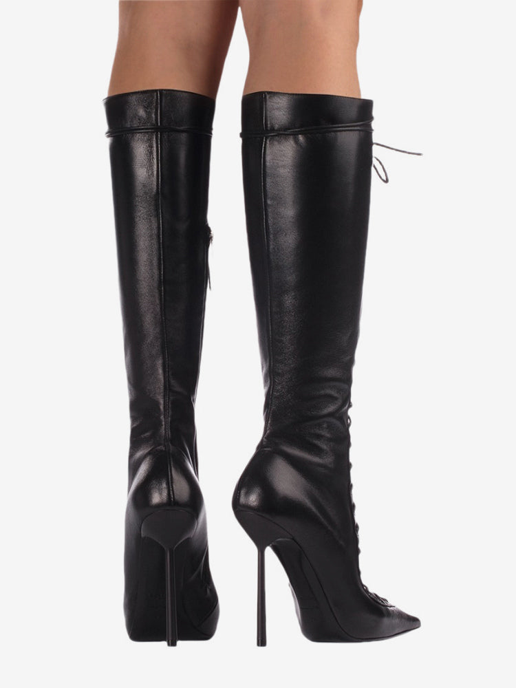 red pointed toe lace up cut out knee high boots — view 4