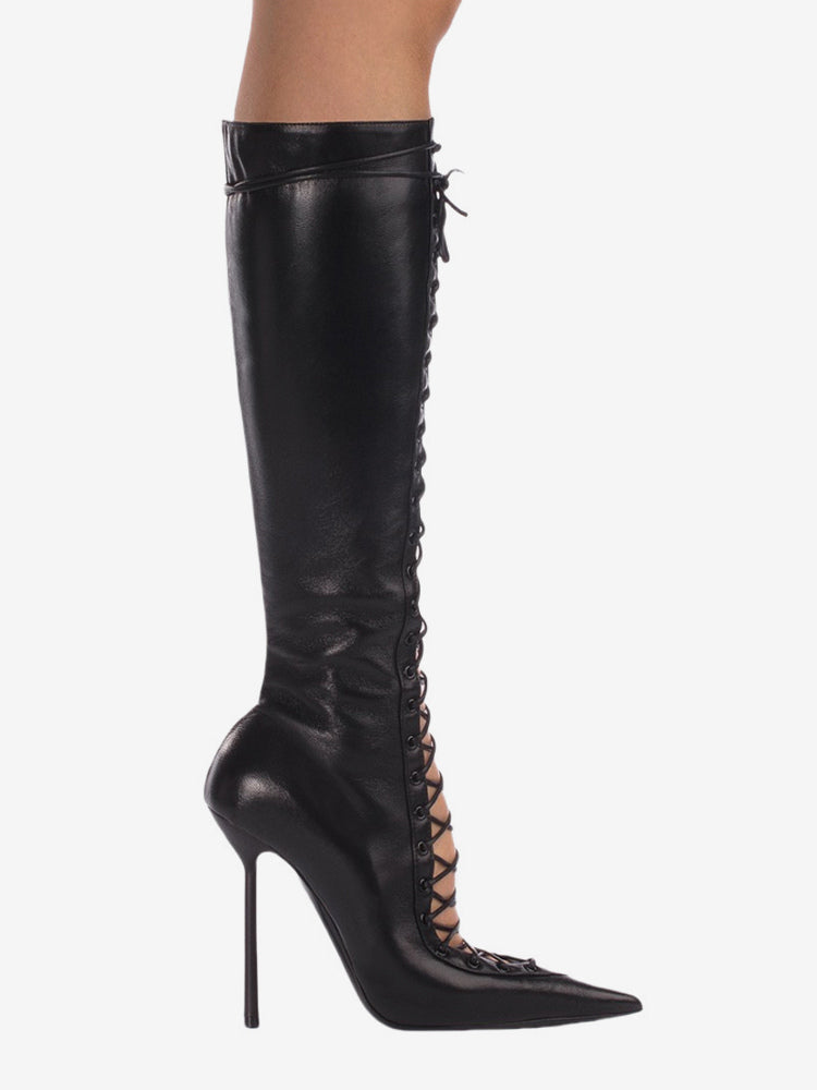 red pointed toe lace up cut out knee high boots — view 3