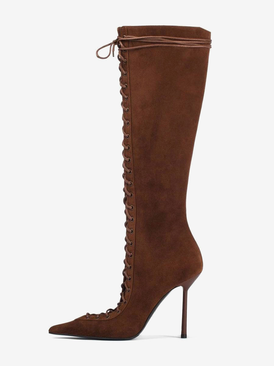 Red Pointed-Toe Lace-Up Cut-Out Knee-High Boots — view 17