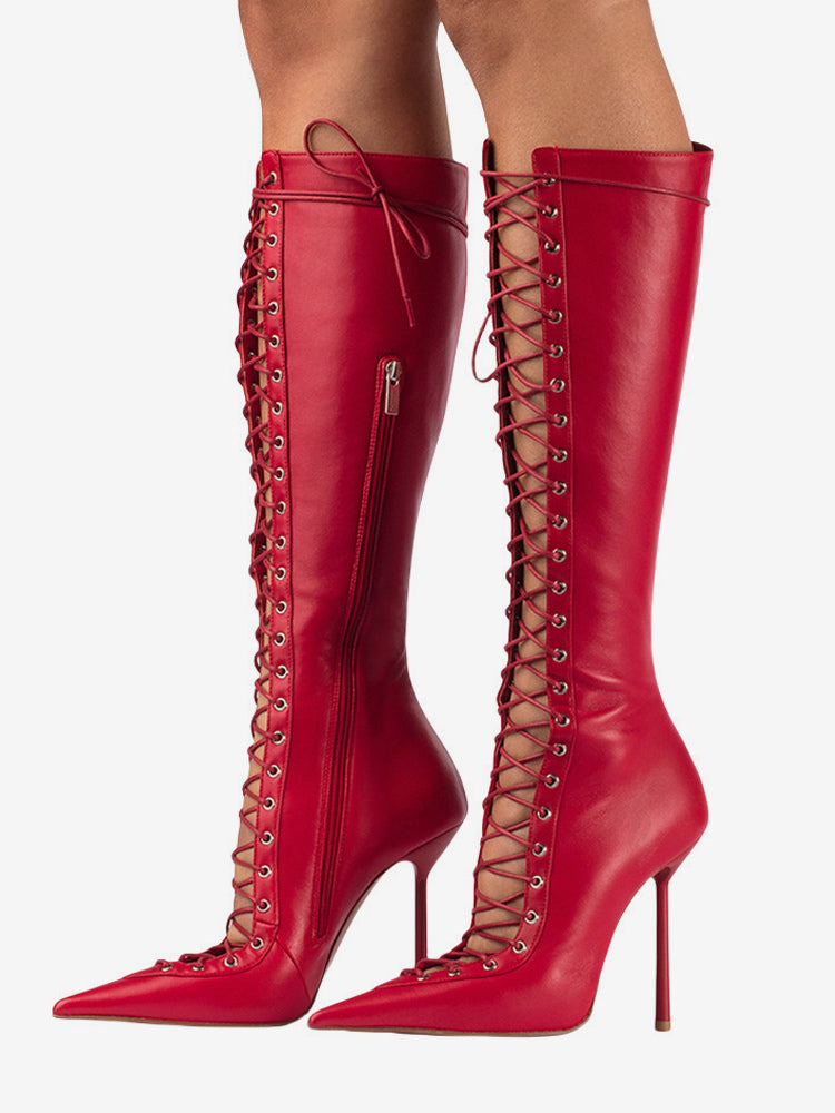 Red Pointed-Toe Lace-Up Cut-Out Knee-High Boots — view 7