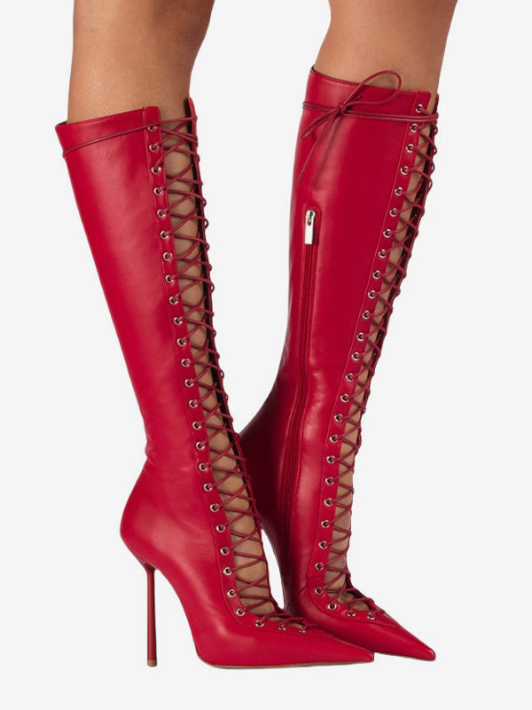 red pointed toe lace up cut out knee high boots — view 8