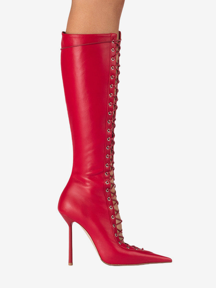 red pointed toe lace up cut out knee high boots — view 9