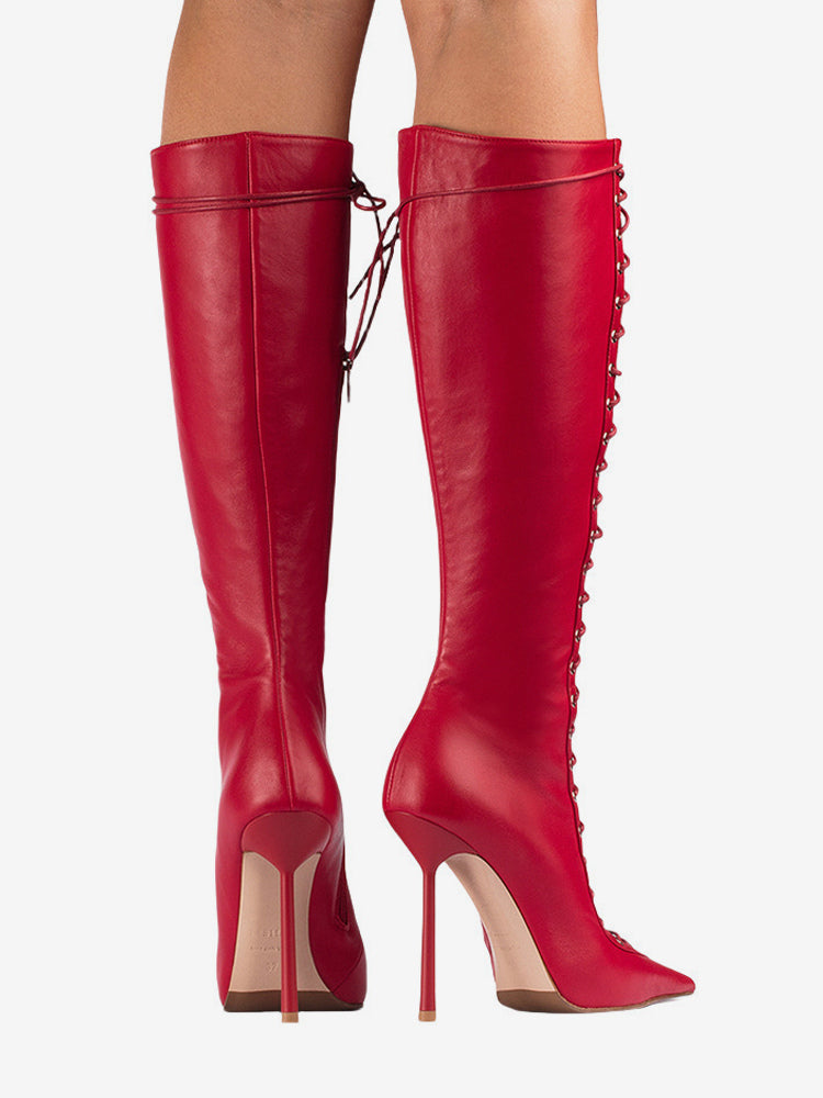 red pointed toe lace up cut out knee high boots — view 10