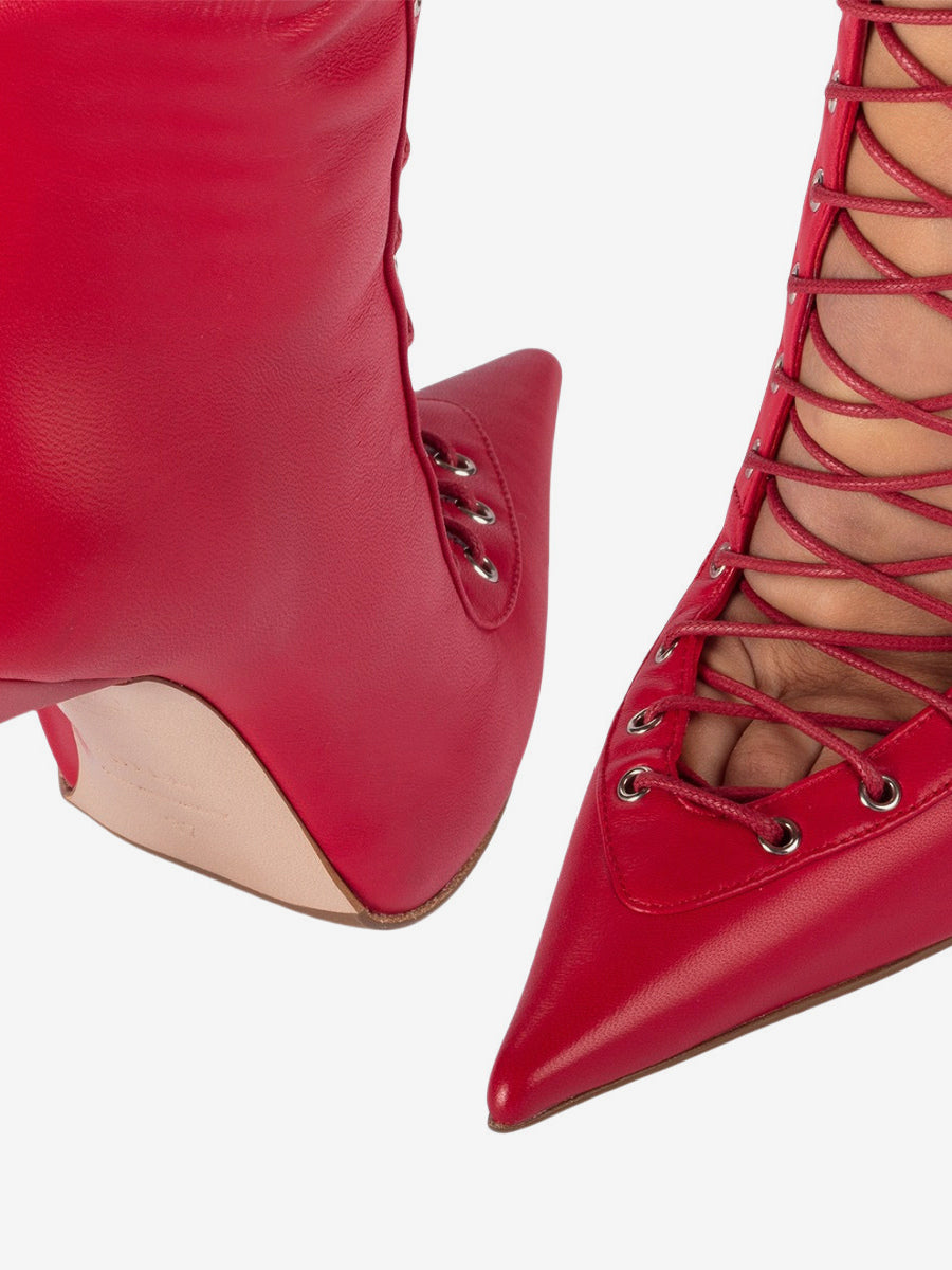 red pointed toe lace up cut out knee high boots — view 11