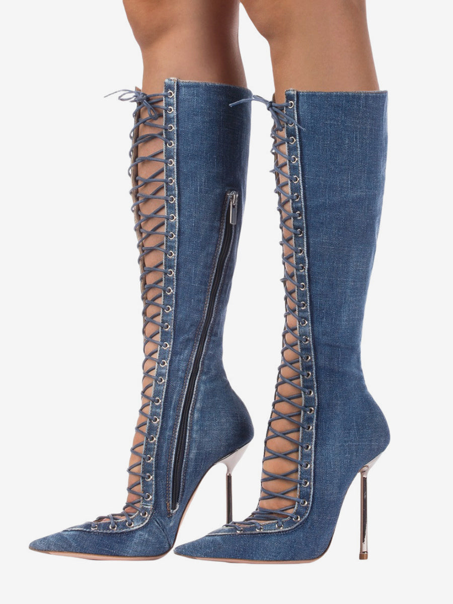 red pointed toe lace up cut out knee high boots — view 12