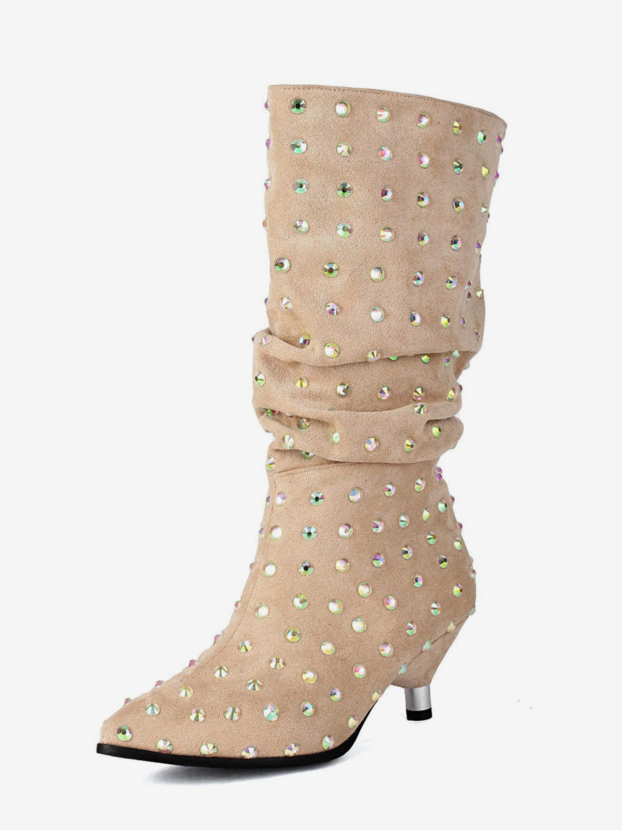 apricot pointed toe embellished suede effect mid calf boots — view 10