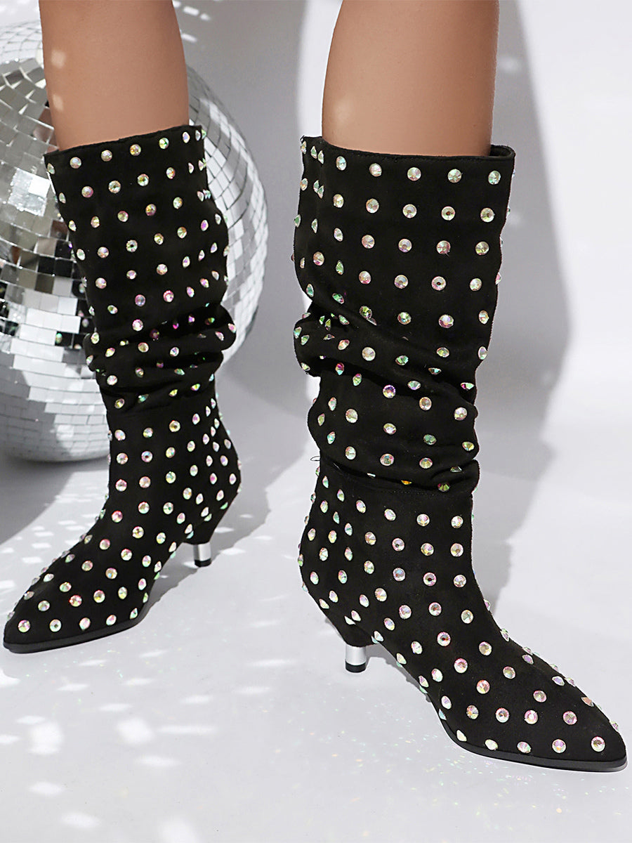 apricot pointed toe embellished suede effect mid calf boots — view 2