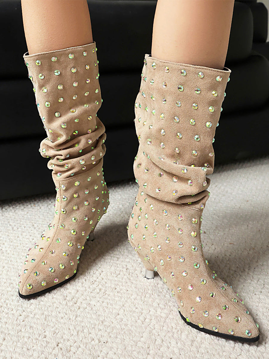 apricot pointed toe embellished suede effect mid calf boots — view 6