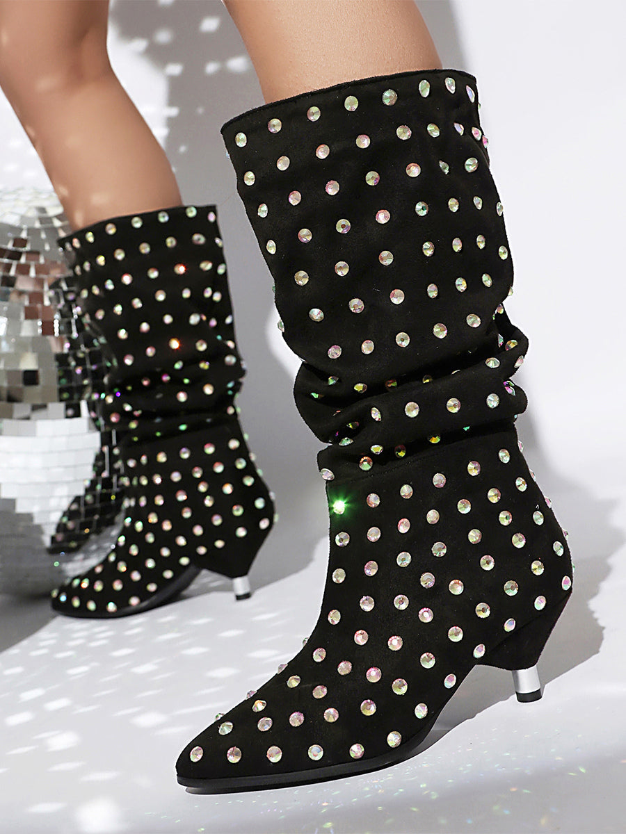 apricot pointed toe embellished suede effect mid calf boots — view 1