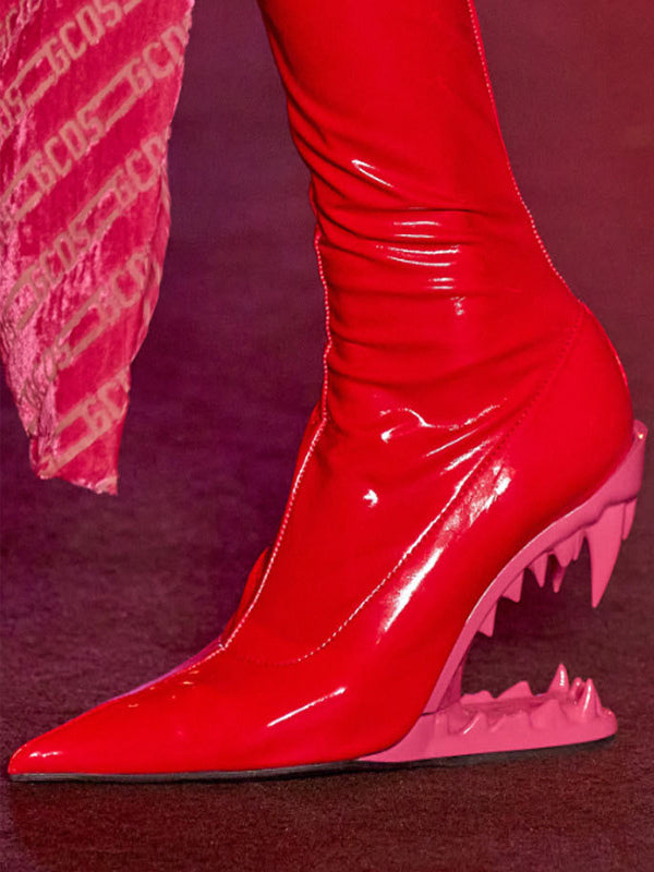 Red Pointed-Toe Wedge Ankle Boots — view 5