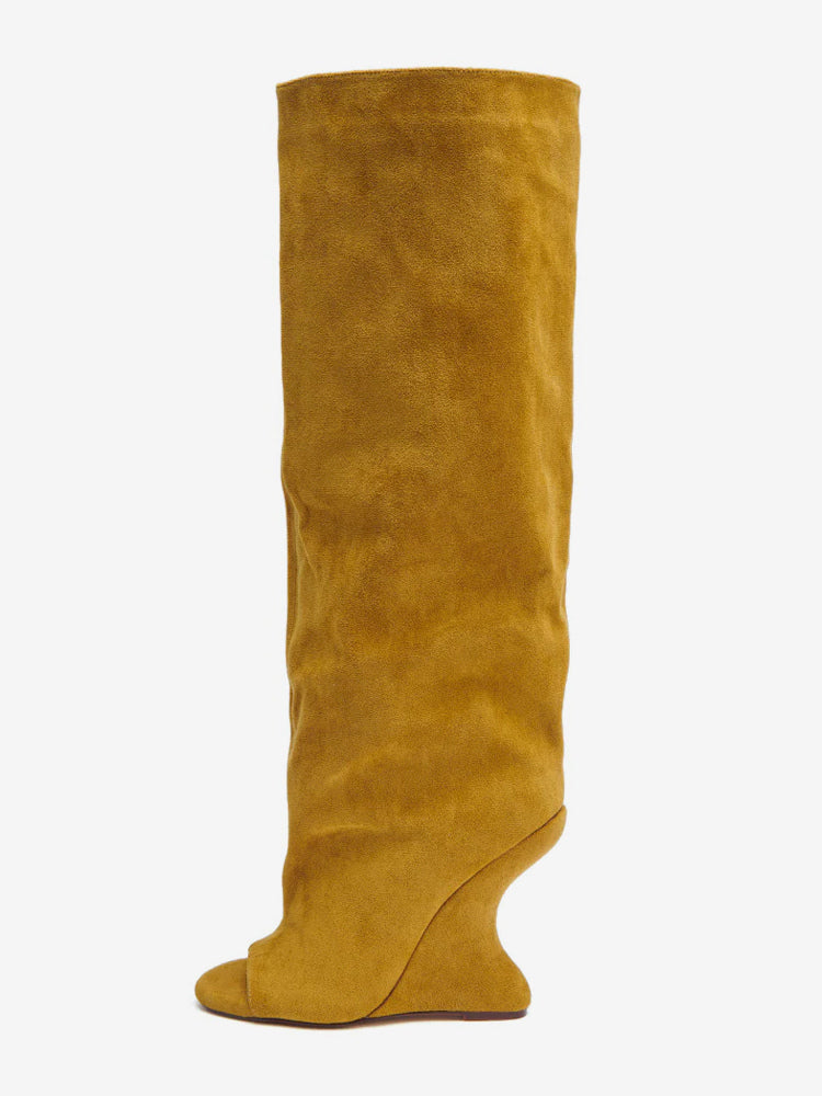 yellow open toe suede effect knee high boots — view 5