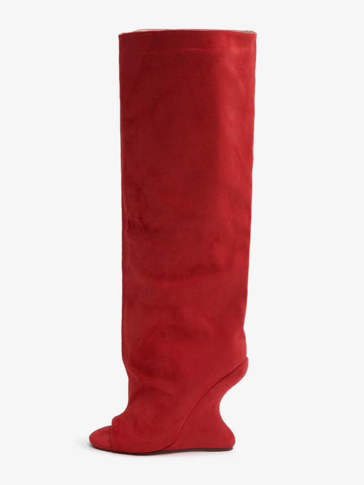 yellow open toe suede effect knee high boots — view 4