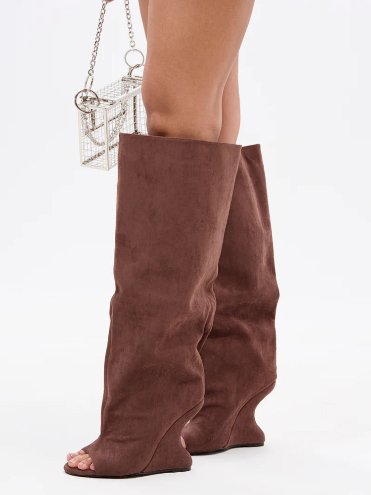 yellow open toe suede effect knee high boots — view 7