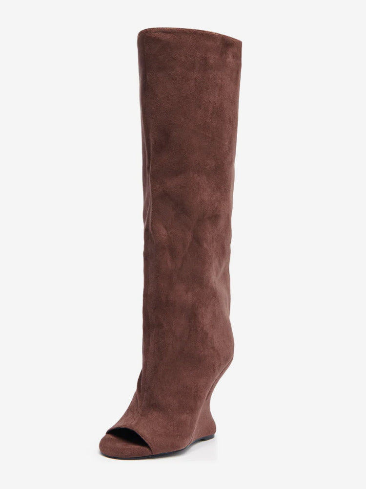 Yellow Open-Toe Suede-Effect Knee-High Boots — view 6
