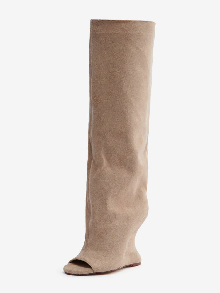 yellow open toe suede effect knee high boots — view 1