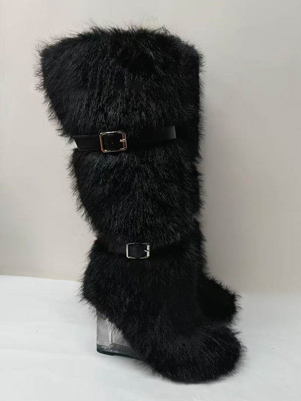 Apricot Round-Toe Wedge Faux Fur Knee-High Boots — view 5