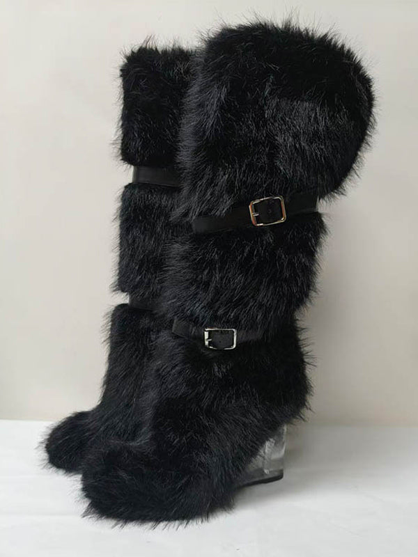 apricot round toe wedge faux fur knee high boots — view 4