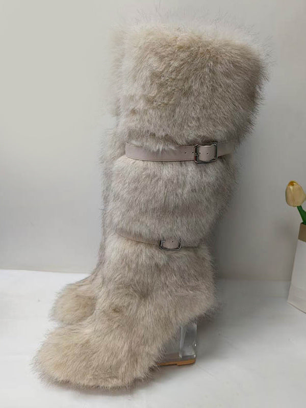 apricot round toe wedge faux fur knee high boots — view 3