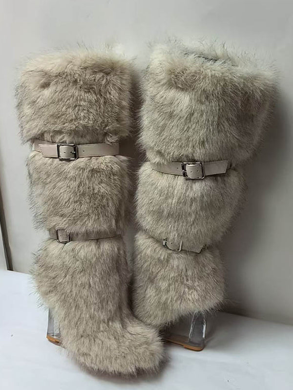 apricot round toe wedge faux fur knee high boots — view 2