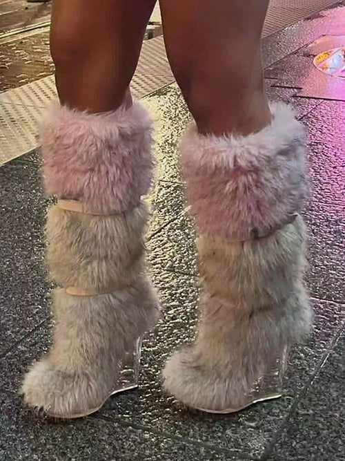 Apricot Round-Toe Wedge Faux Fur Knee-High Boots — view 1