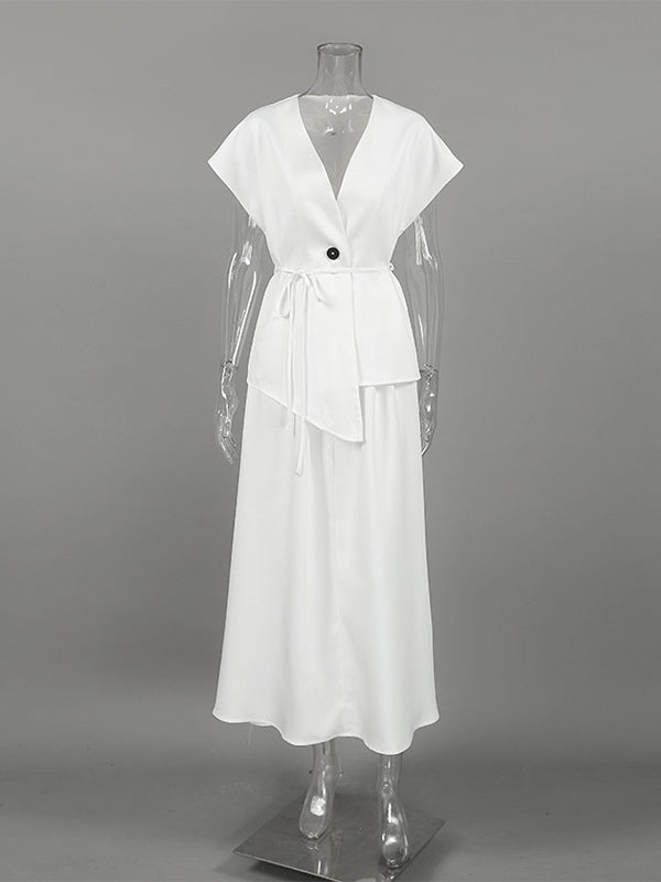 white v neck wrap high waisted two piece set — view 8