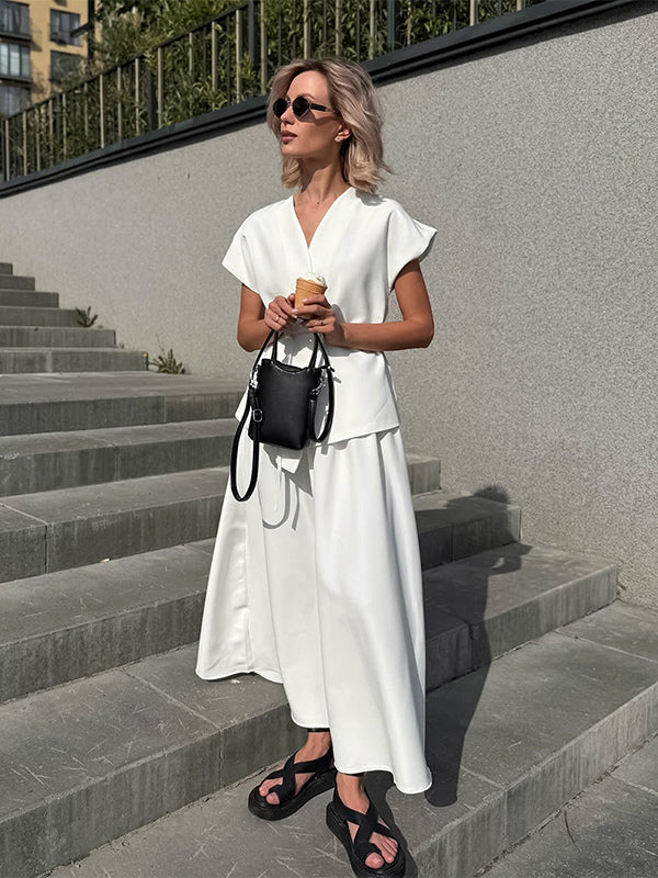 white v neck wrap high waisted two piece set — view 6