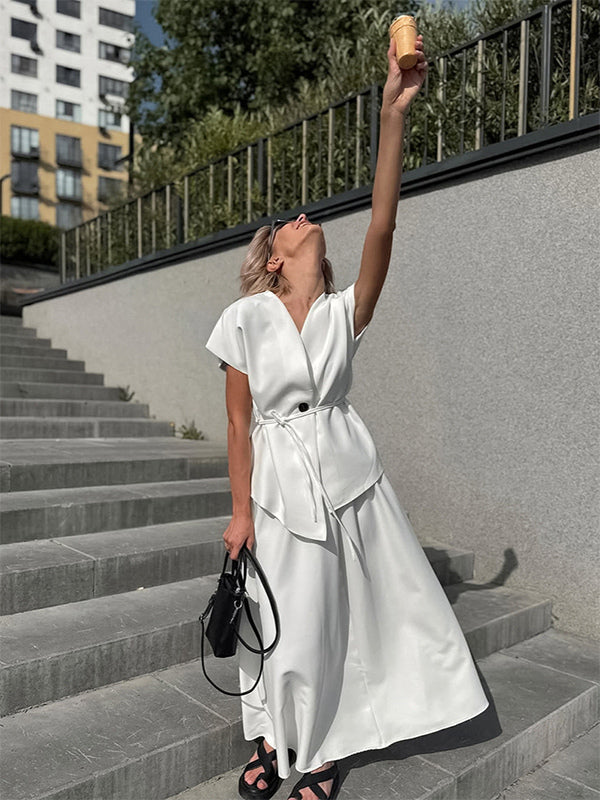 white v neck wrap high waisted two piece set — view 4