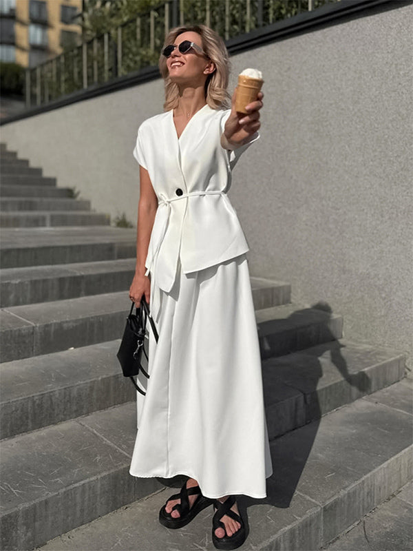 white v neck wrap high waisted two piece set — view 2