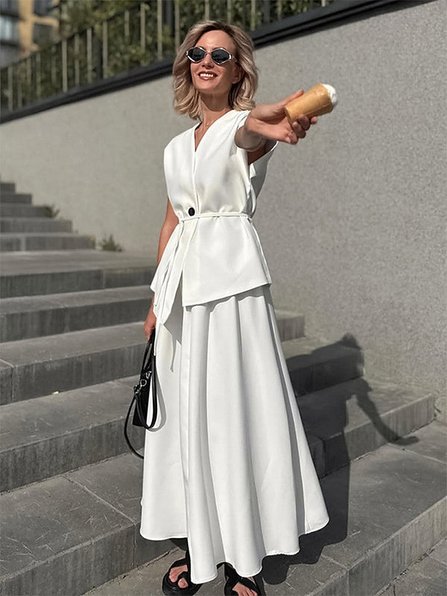 White V-Neck Wrap High-Waisted Two-Piece Set — view 1