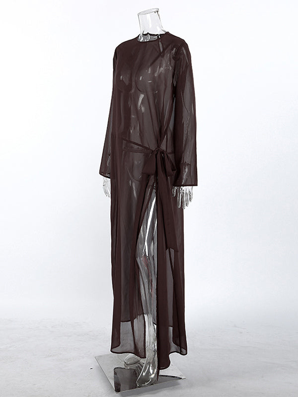 brown long sleeve side split sheer beach cover up — view 8