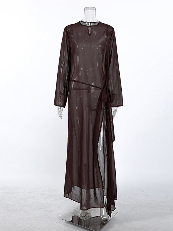 brown long sleeve side split sheer beach cover up — view 7