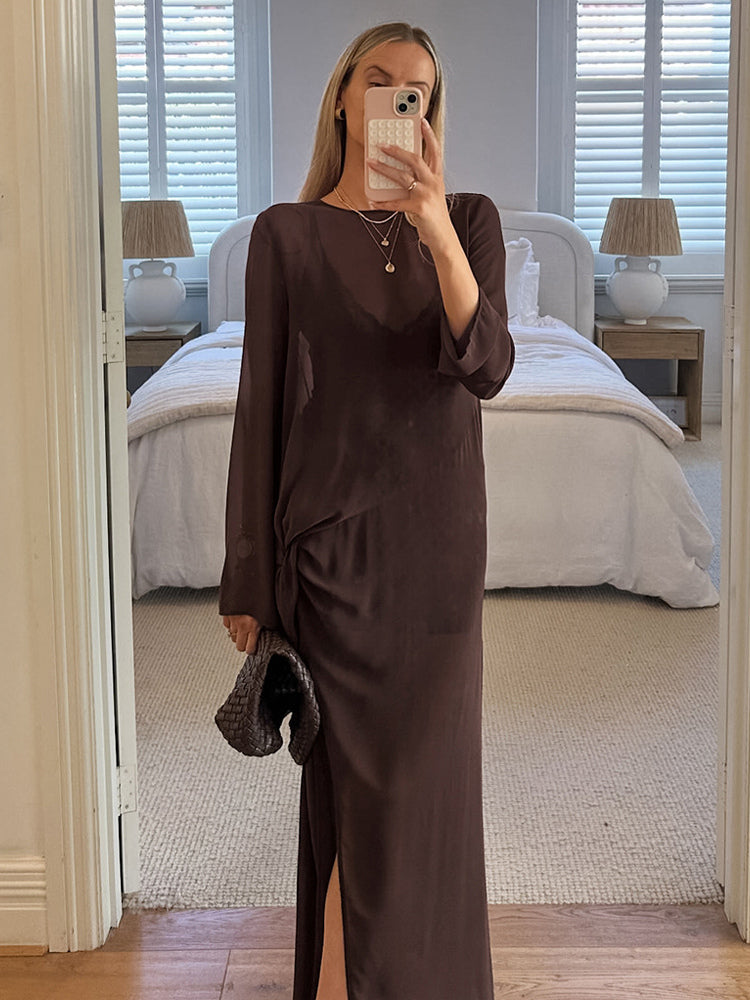 brown long sleeve side split sheer beach cover up — view 2