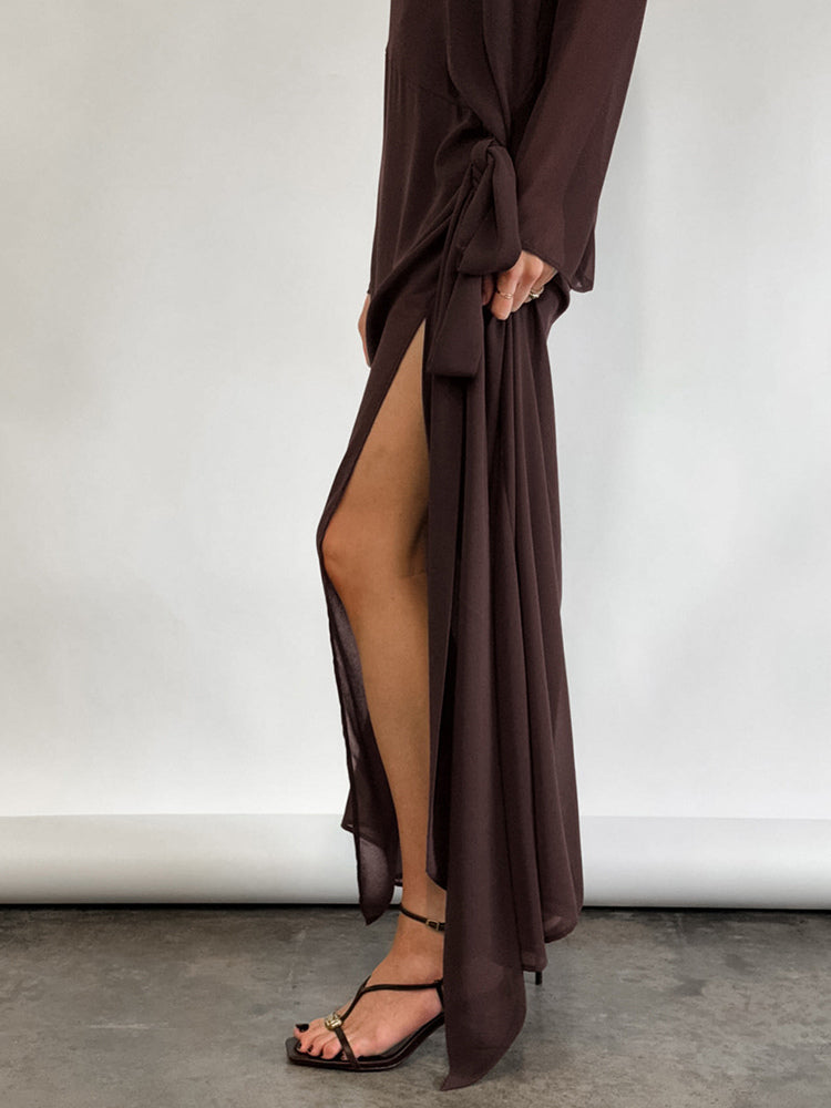 brown long sleeve side split sheer beach cover up — view 6