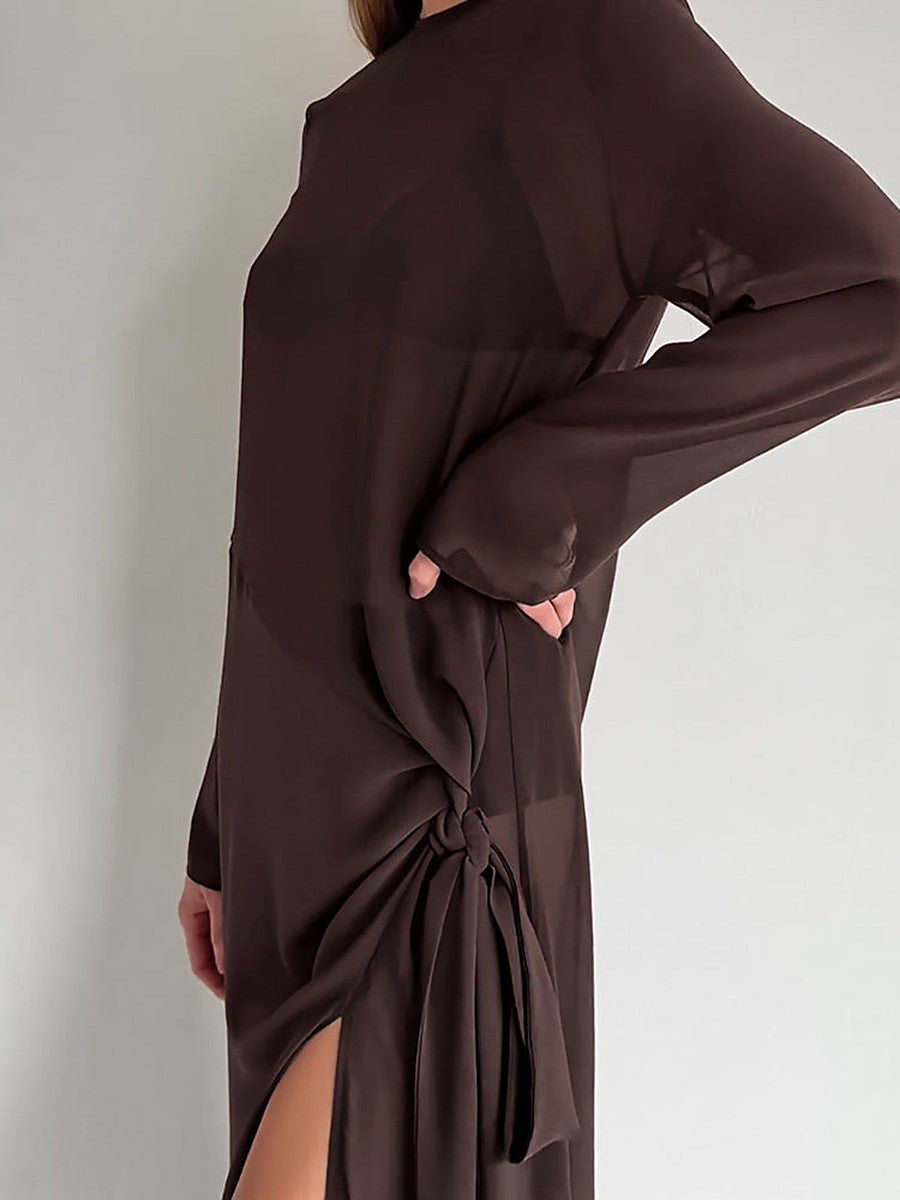 Brown Long-Sleeve Side Split Sheer Beach Cover-Up — view 4