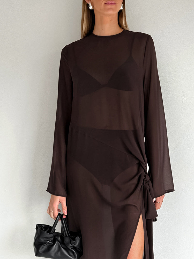 brown long sleeve side split sheer beach cover up — view 3