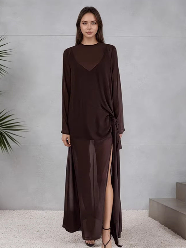 brown long sleeve side split sheer beach cover up — view 1