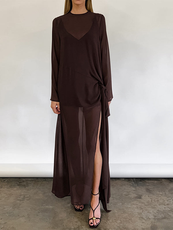 brown long sleeve side split sheer beach cover up — view 5