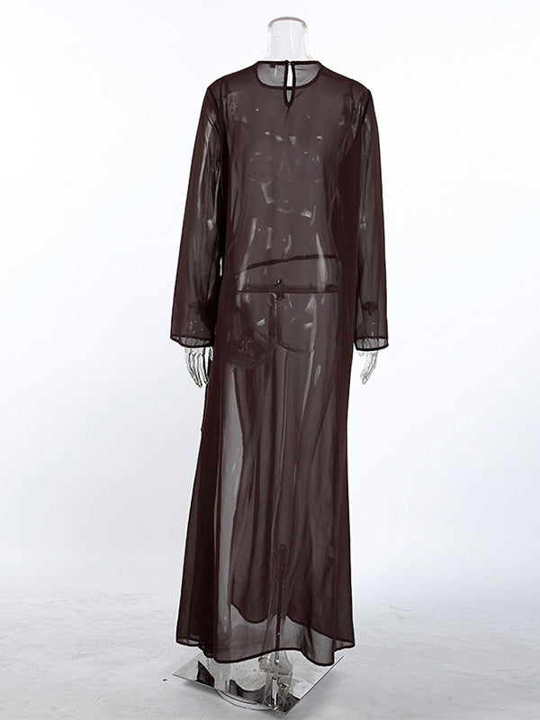 brown long sleeve side split sheer beach cover up — view 9