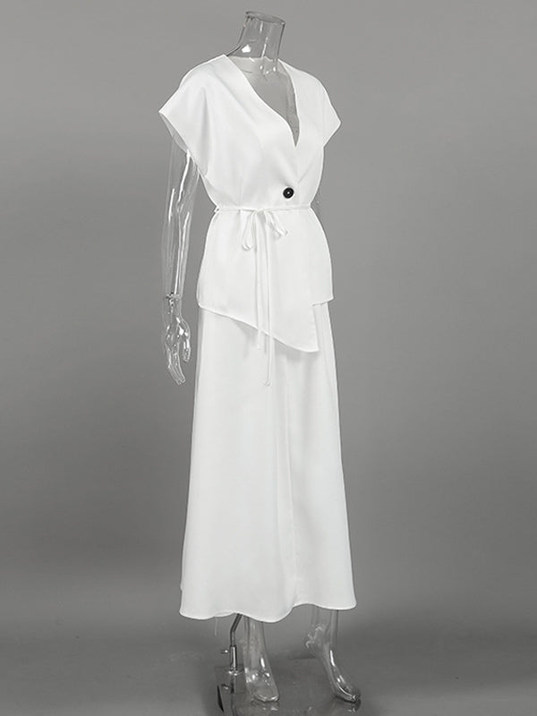 white v neck wrap high waisted two piece set — view 9